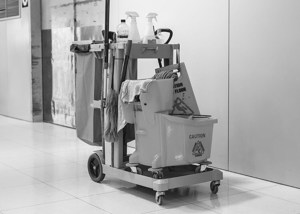 RMS Clean janitorial cart staged for an evening commercial program